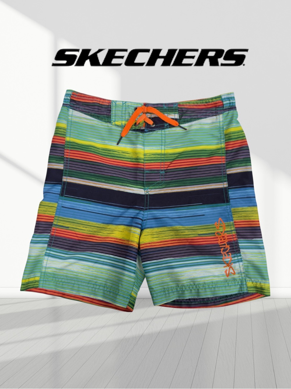 Skechers Multicolor Striped Board Shorts with Orange Drawstring